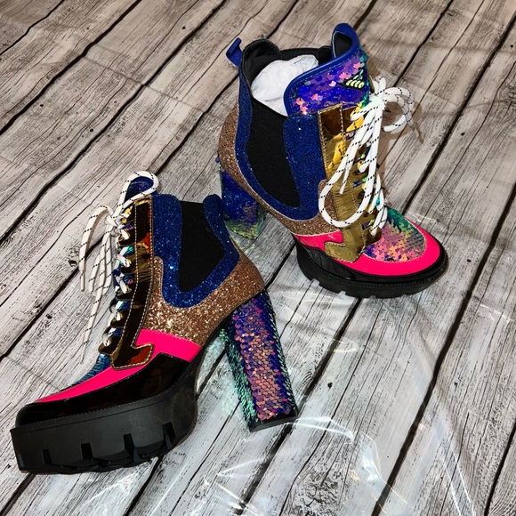 Sequin Combat Platform Heel Booties - Picture 7 of 15